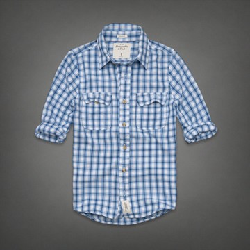 美國百分百【Abercrombie & Fitch】襯衫 AF 休閒 長袖 麋鹿 藍 格紋 雙口袋 男衣 M號 C440