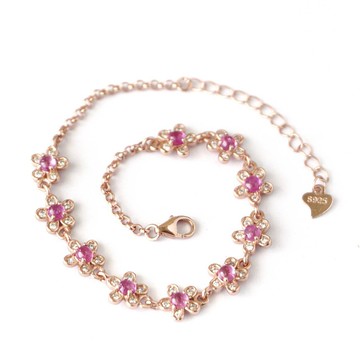 天然紅寶石手鍊，925純銀鍍玫瑰金。