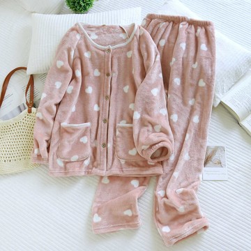 冬季保暖睡衣女珊瑚絨刷毛加厚保暖冬天女士法蘭絨大尺碼家居服套裝