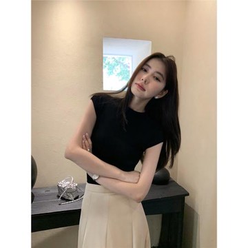 pusumede 黑色設計感針織短袖t恤女夏天新款百搭氣質修身天絲上衣