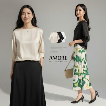 【Amore】氣質冰絲緞圓領寬鬆七分袖 女上衣