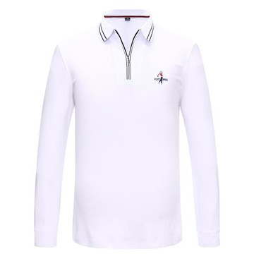 秋季拉鏈長袖T恤男翻領POLO衫純棉白色上衣男裝體恤運動商務休閑T