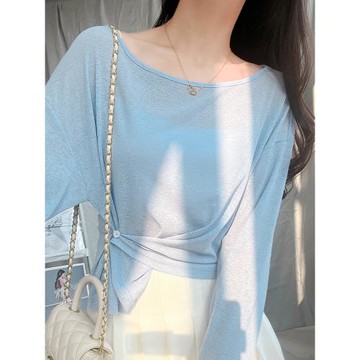 不規則長袖冰絲t恤女夏季設計感洋氣寬松透氣罩衫慵懶風針織上衣