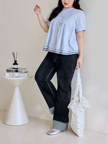 棉質彈力撞色車線反摺直筒牛仔褲