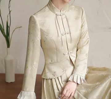 新中式 秋冬立領唐裝改良上衣外套中國風提花 上衣/半裙