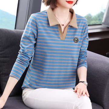長袖翻領t恤女純棉打底衫 休閑洋氣減齡上衣中年媽媽春秋裝polo衫