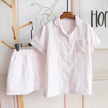 日系女夏季純棉睡衣三層紗布短袖短褲格子全棉家居服透氣不透肉