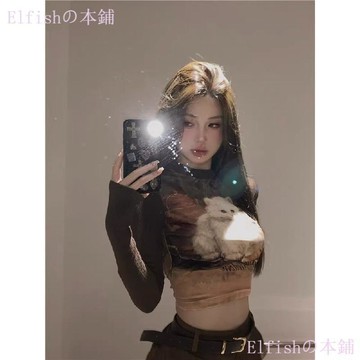 台灣出貨✈️秋冬季美式y2k貓咪印花長袖t恤女 純欲辣妹短款露臍上衣打底衫內搭 長袖上衣 上衣 長袖T恤 T恤 t