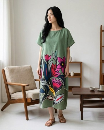 Hand Painted Cotton Silk Kaftan for Summer Resort Vacation F