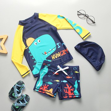 男寶防曬長袖泳裝套裝(附帽子)-肚子餓恐龍-深藍色