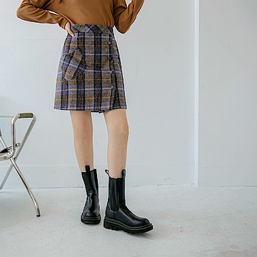 保暖毛呢排釦格紋內裡褲A字短裙-OB嚴選