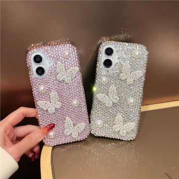 閃鉆立體珍珠蝴蝶適用蘋果16PROMAX手機殼高級蘋果16/15/14滿鉆殼