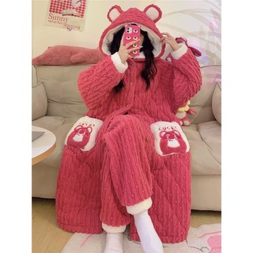 秋冬季珊瑚絨睡衣女三層夾棉加絨加厚保暖長袍款家居服套裝法蘭絨