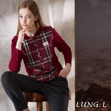 林佳樺LUNG.L 酒紅格紋拼接連帽長袖女裝上衣(帽T) LT81A