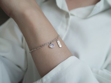 925純銀 水波 月光石 橢圓形鑽面 雙鍊 客製化刻字 手鍊 免費包裝