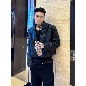 我叫得仔短款一粒扣小西裝男潮流痞帥短款顯高夾克小個子皮外套