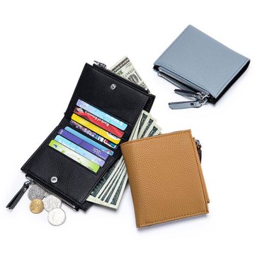 新款真皮短款錢包大容量純色歐美時尚錢夾雙拉鏈零錢袋卡包多功能