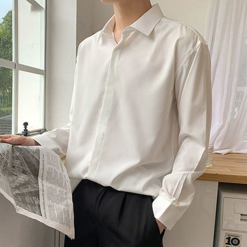 長袖高級垂感墜感休閒襯衫男免燙正裝寬鬆潮白色襯衣痞帥夏季男士 9H