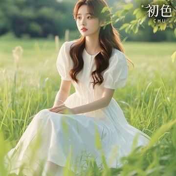初色 法式純色簡約圓領泡泡袖短袖收腰顯瘦中長裙連衣裙連身洋裝長裙-白色-12091(M-XL可選)