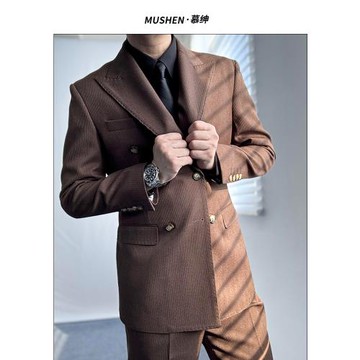 MUSHEN慕紳復古時髦戧駁領雙排扣單西條紋免燙抗皺商務休閑西服男