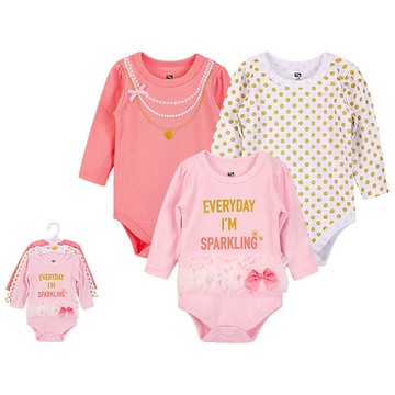 美國 Luvable Friends - 甜蜜寶貝嬰幼兒100%純棉長袖包屁衣3件組-閃亮寶貝