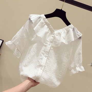 品牌折扣店正品女裝剪標清倉特價夏白色寬松荷葉邊V領短袖雪紡衫