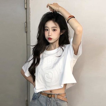 立體印花t恤寬松露臍上衣服短袖