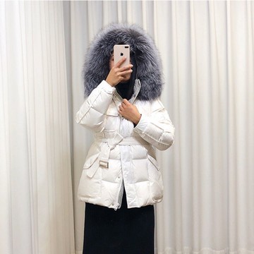 真 羽絨90%白鴨絨 羽絨服白鴨絨夾克-狐狸毛領連帽腰帶短款女外套3色73zc35【獨家進口】【米蘭精品】