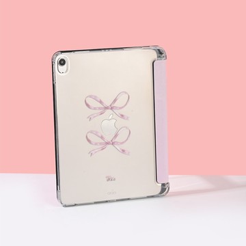 【亮粉絲帶蝴蝶結】透明磨砂書本式iPad 保護套