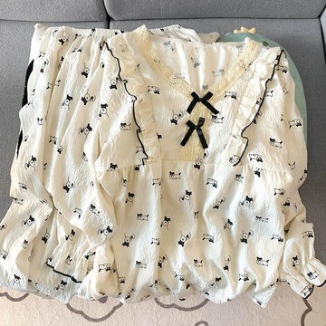 台灣出貨 胖mm大碼睡衣雲朵棉春秋季長袖長褲休閒可愛小狗家居服套裝 大碼睡衣 秋季睡衣 家居服 睡衣女 套裝兩件套