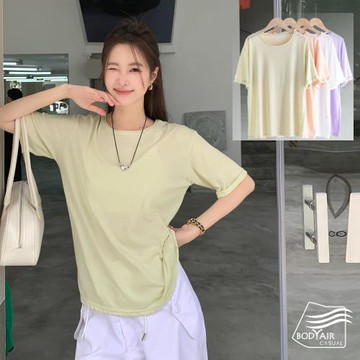 任-【BODYAIR嚴選】捲領袖涼透滑竹節棉上衣(罩衫.T恤.CASUAL)