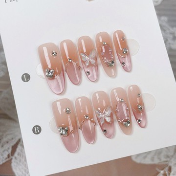 🎁高定蝴蝶🎁秋冬新款純手工穿戴甲腮紅氛圍感高級法式蝴蝶輕奢可拆卸重複使用新年穿戴甲顯白美甲片高級感穿戴甲 HMTB