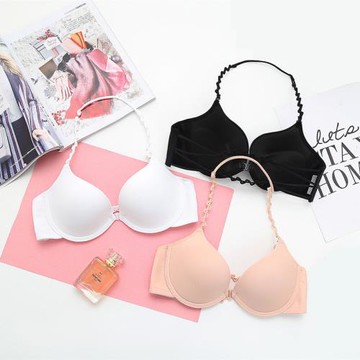 性感美背前扣文胸罩少女無痕聚攏小胸薄款掛脖露背細帶前扣式內衣