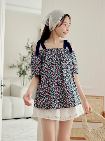 純棉小碎花肩綁帶一字領上衣