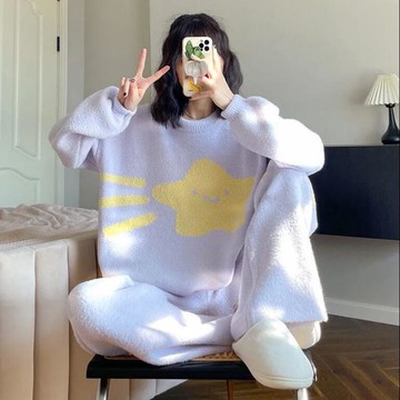 加肥加大碼可穿冬睡衣女珊瑚絨套裝可愛星星圓領保暖家居服【步行者戶外生活館】