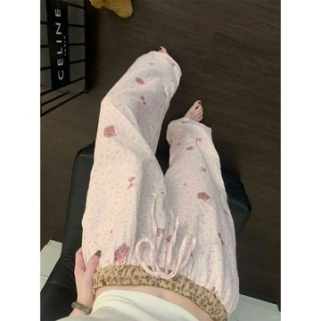 本土出貨 闊腿褲 鬆緊褲 長褲女 休閒褲 韓系ins風粉色Kitty豹紋休閒褲女夏季時尚百搭慵懶...T2 R