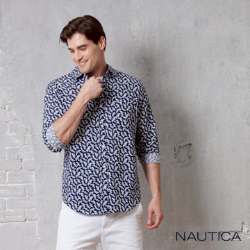 Nautica 男裝 葉片印花休閒襯衫-藍色