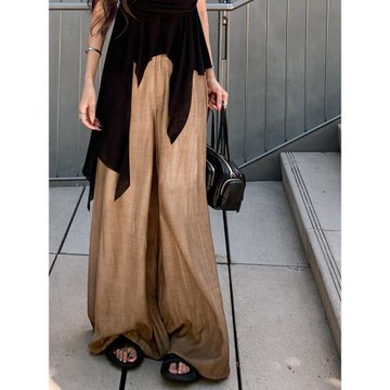 褲子女夏季薄款長褲慵懶松弛感超好看炒色肌理感高級感亞麻闊腿褲