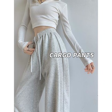 運動褲女春秋冬季新款高腰寬松垂感直筒休閑闊腿加厚加絨美式衛褲