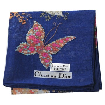 Christian DIOR 繽紛花朵蝴蝶品牌字母LOGO圖騰帕領巾(深藍/46CM)