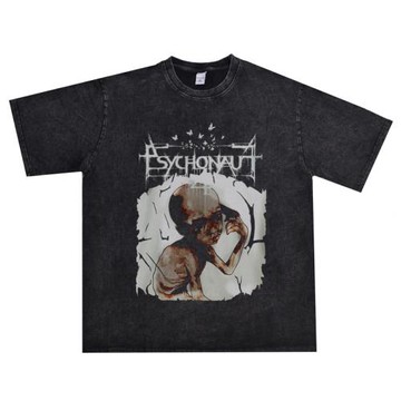 數碼直噴抑郁黑金屬Psychonaut 4搖滾樂隊水洗做舊T恤寬松短袖
