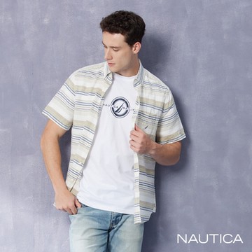 Nautica 男裝 百搭條紋棉麻短袖襯衫-白色