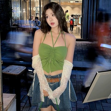 MOCO性感低胸兩種綁法抽繩抽皺套脖綁帶下擺開叉吊帶美背背心L~4XL