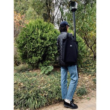 LEONIKITA 經典純色基本款 豎款托特包 黑色單肩包電腦包帆布袋