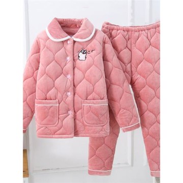 新款可外穿珊瑚絨夾棉女士冬季家居服三層加厚睡衣法蘭絨保暖套裝