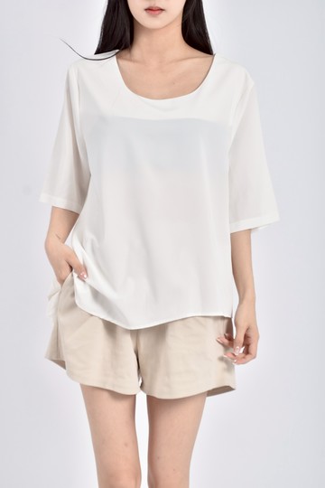 (L) balen韓牌棉質素面斜下擺白色短袖上衣