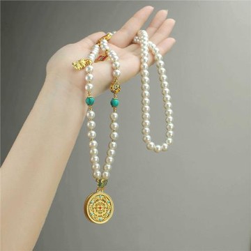 2024新款爆款圓牌吊墜珍珠長款項鏈女新中式國風輕奢小眾高級配飾