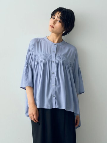 前短後長細摺寬鬆圓領襯衫(7F42L0A0200) - YECCA VECCA