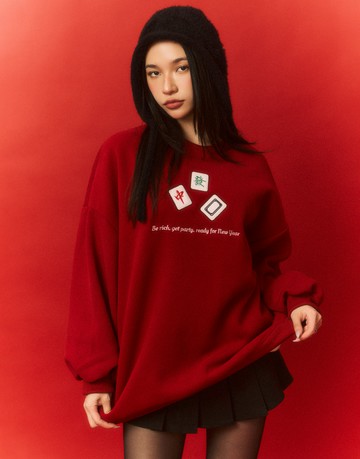 好手氣都穿在妳身上；麻將刺繡寶寶絨大學T