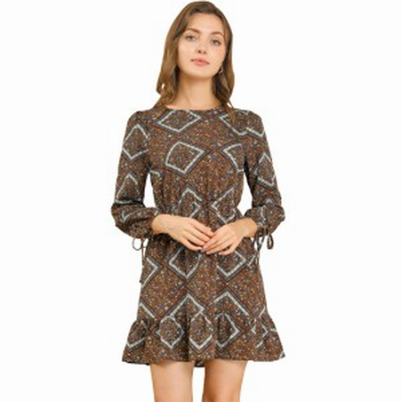 Allegra K シフォンワンピース チュニック ボヘミアン 花柄 フリル裾 長袖 ウェストゴム Aライン レディース ブラウン Xs 通販 Lineポイント最大get Lineショッピング